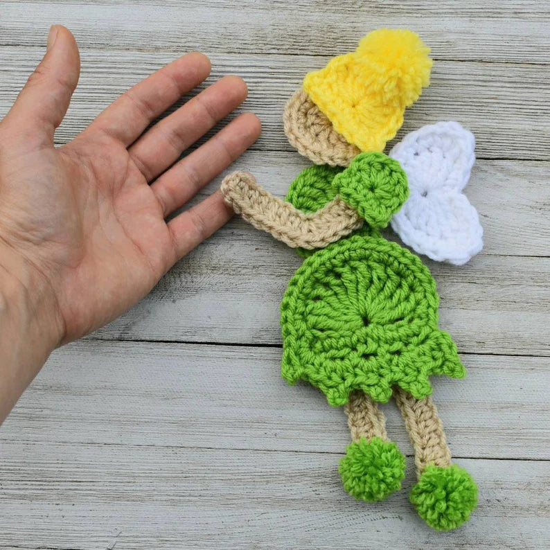 Finished magical fairy applique crochet pattern in green and yellow