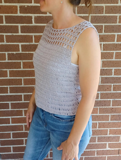 Light gray crochet mesh tank top with round neckline, sleeveless