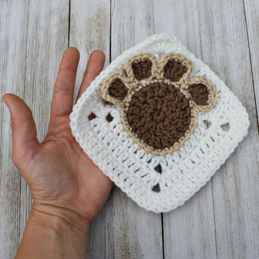 Paw print granny square easy crochet pattern, pet paw print design afghan block, crochet footprint pattern, beginner crochet granny square