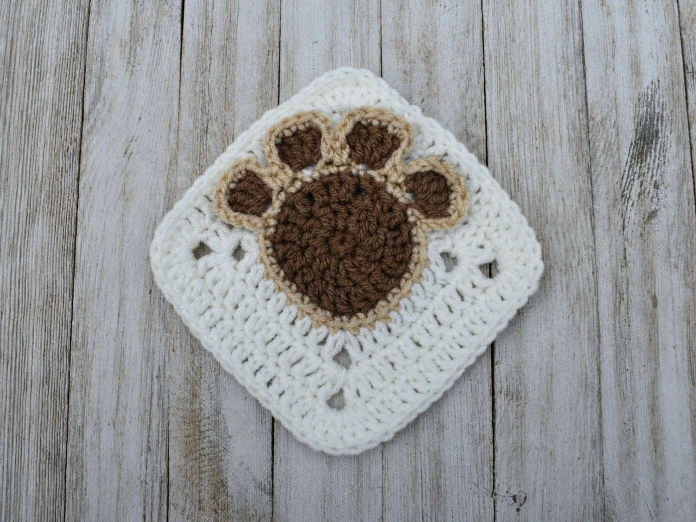 Paw print granny square easy crochet pattern, pet paw print design afghan block, crochet footprint pattern, beginner crochet granny square