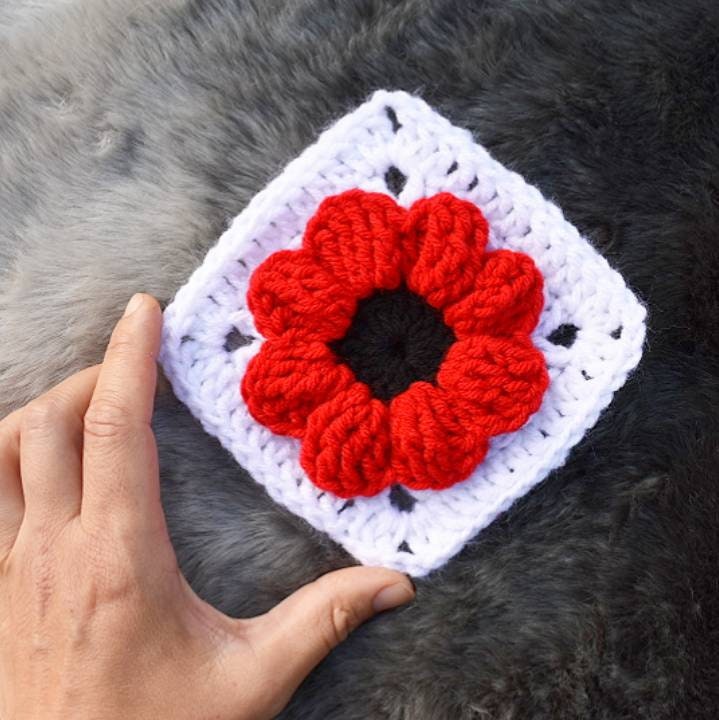 Crochet Pattern Poppy Flower Granny Square, textured flower afghan block, easy granny square digital crochet instructions, flower blanket