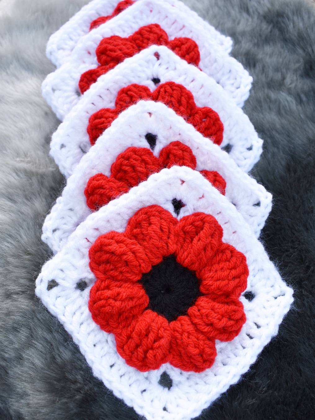 Crochet Pattern Poppy Flower Granny Square, textured flower afghan block, easy granny square digital crochet instructions, flower blanket