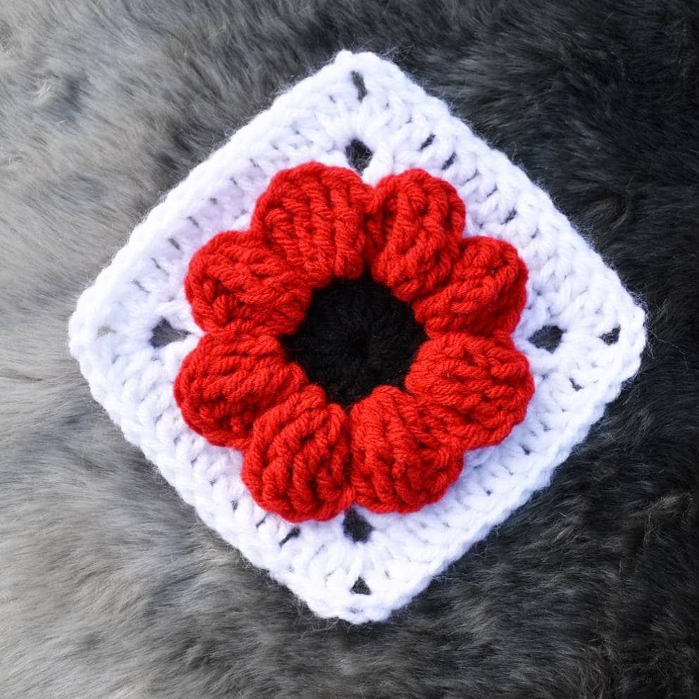 Crochet Pattern Poppy Flower Granny Square, textured flower afghan block, easy granny square digital crochet instructions, flower blanket