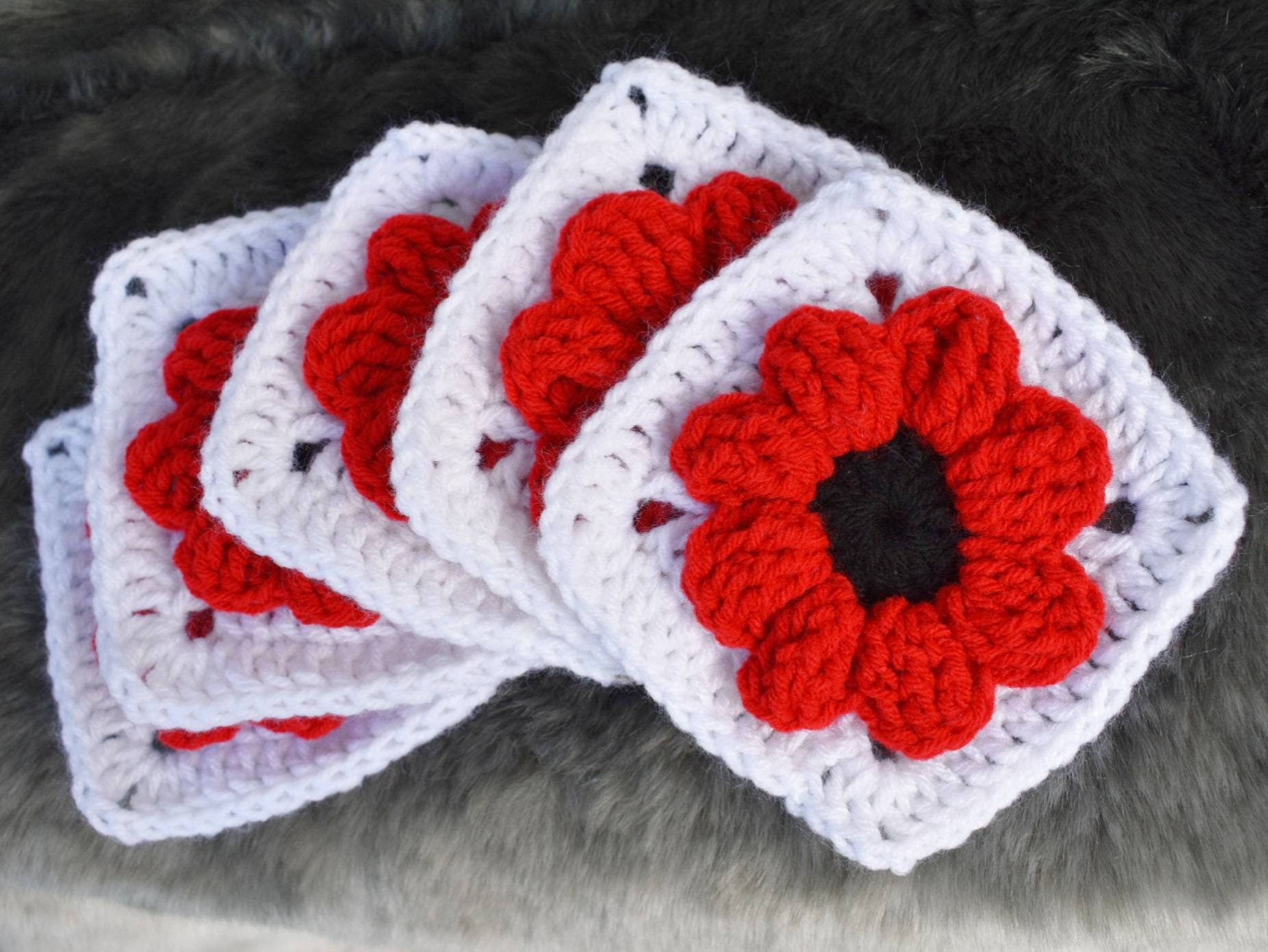 Crochet Pattern Poppy Flower Granny Square, textured flower afghan block, easy granny square digital crochet instructions, flower blanket