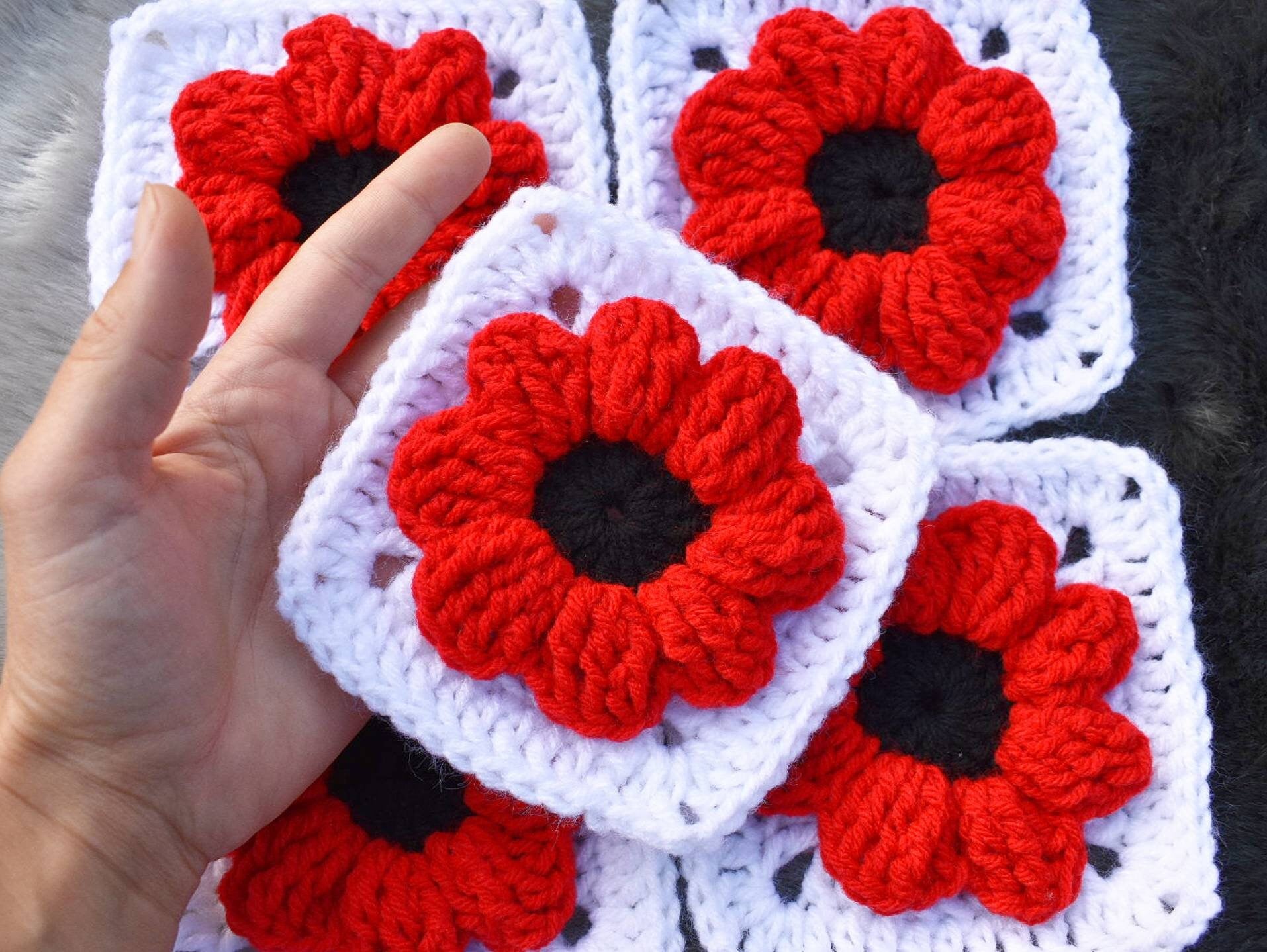 Crochet Pattern Poppy Flower Granny Square, textured flower afghan block, easy granny square digital crochet instructions, flower blanket