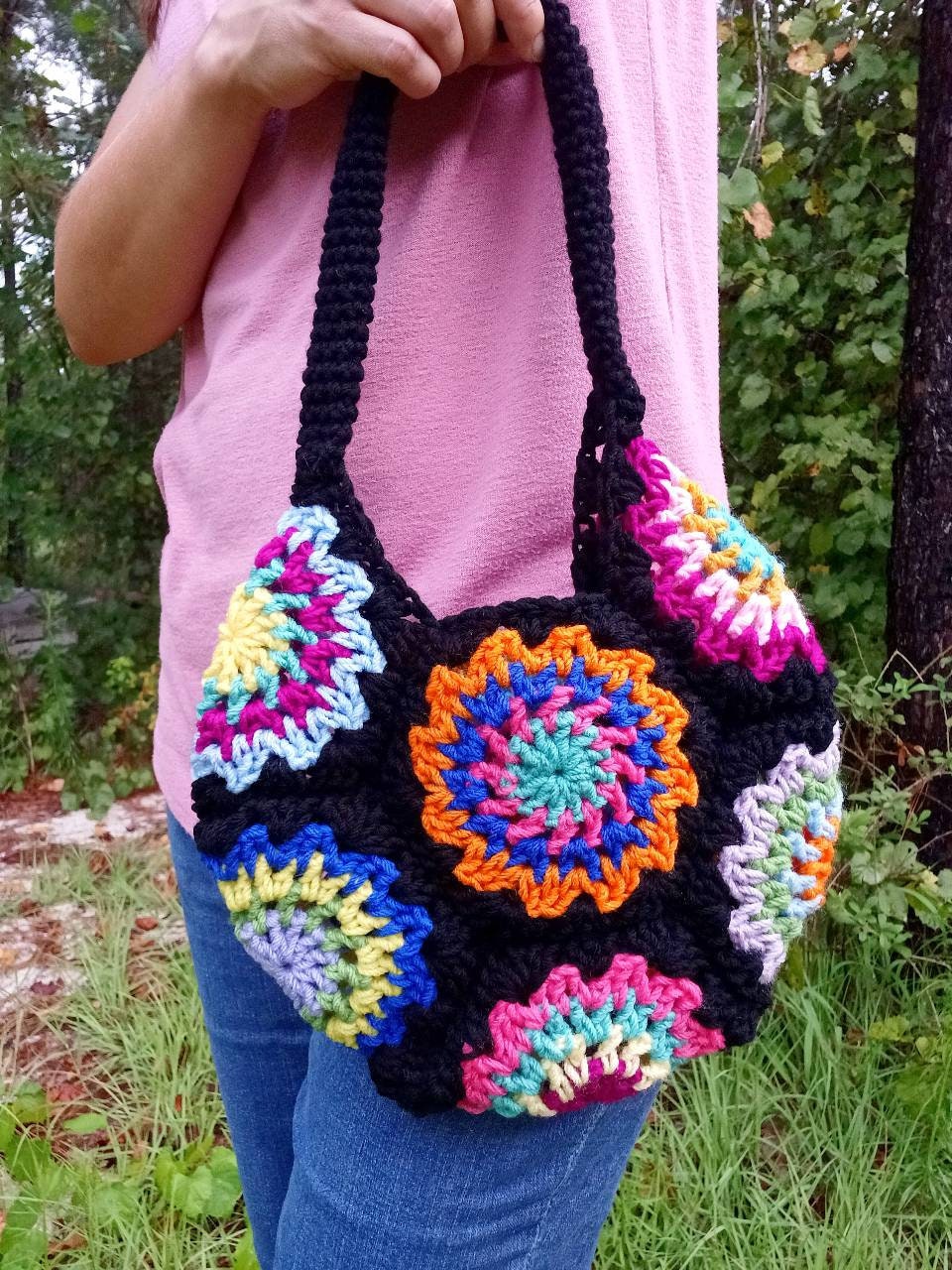 Pinion Flower Crochet Handbag Pattern, Granny Square Hexagon (PDF Pattern)
