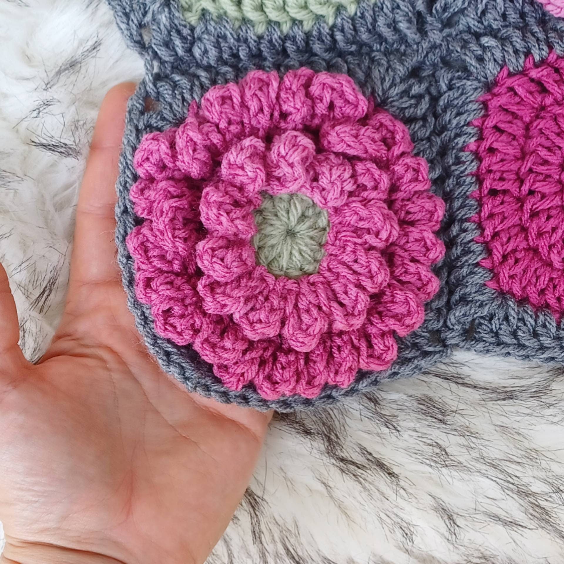 Crochet Peony Flower Granny Square Pattern, Textured Afghan Block (PDF Pattern)