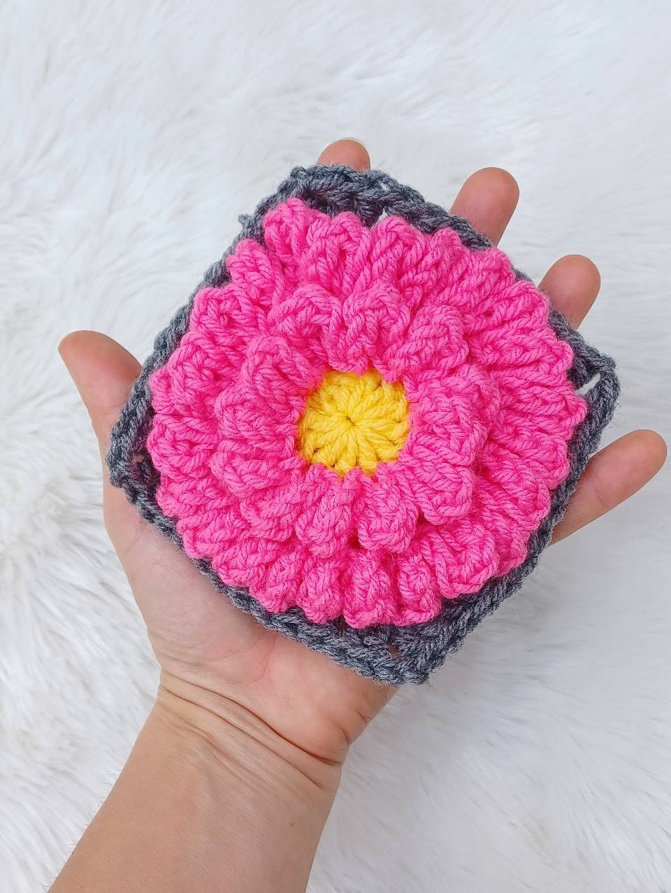 Crochet Peony Flower Granny Square Pattern, Textured Afghan Block (PDF Pattern)