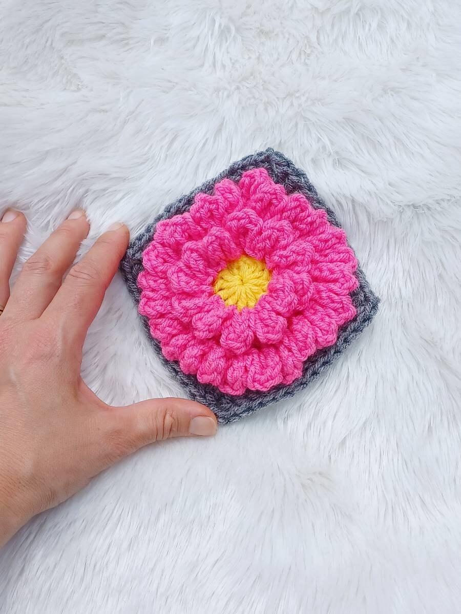 Crochet Peony Flower Granny Square Pattern, Textured Afghan Block (PDF Pattern)