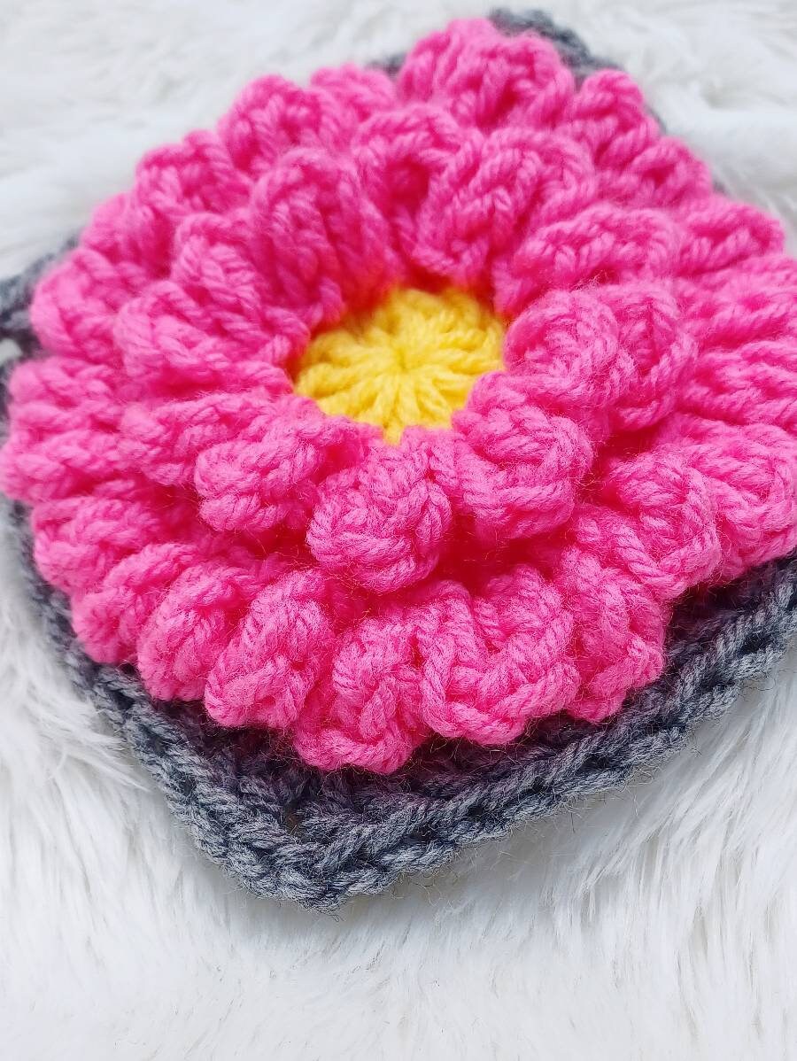 Crochet Peony Flower Granny Square Pattern, Textured Afghan Block (PDF Pattern)