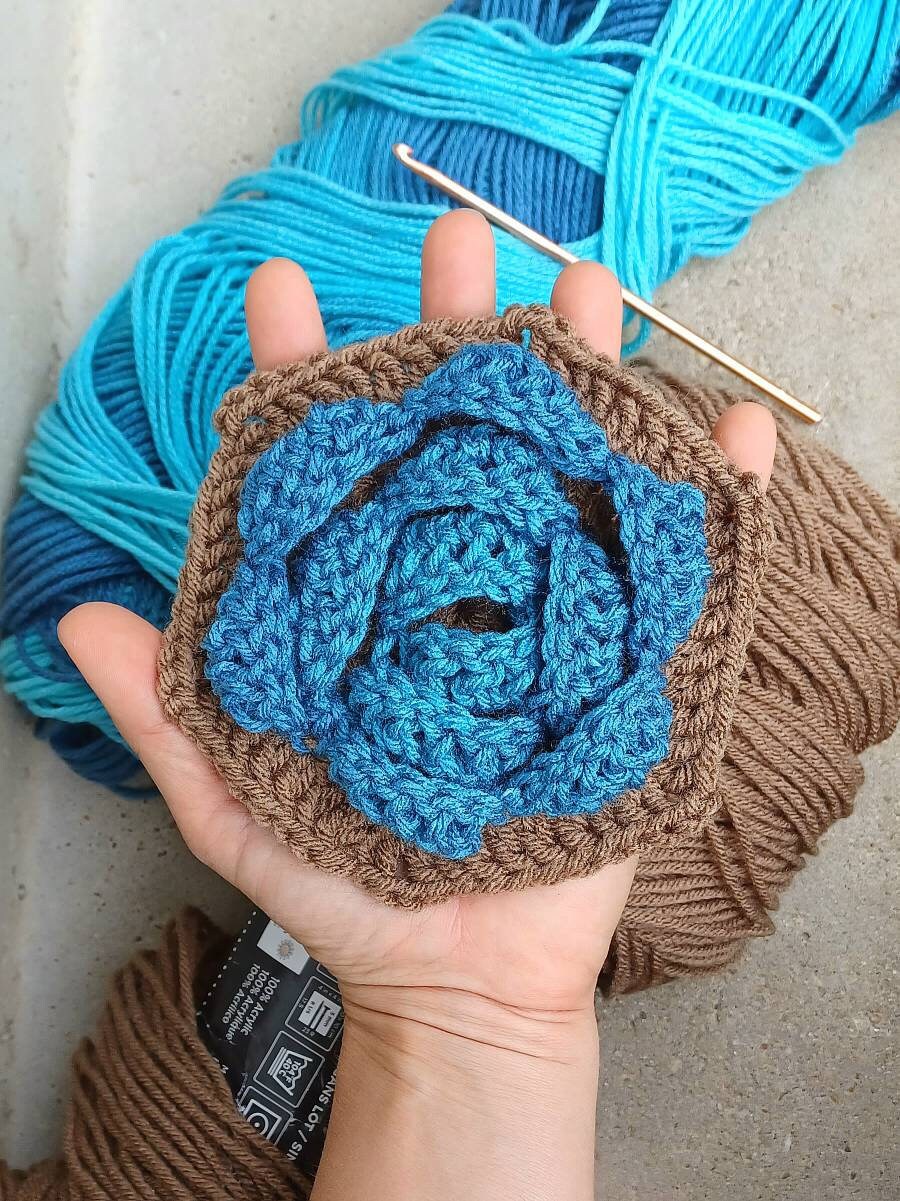 Crochet Rose Hexagon Pattern, 3D Flower Granny Square (PDF Pattern)