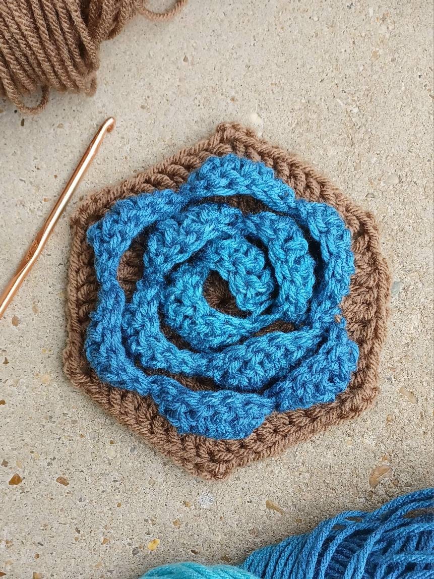 Crochet Rose Hexagon Pattern, 3D Flower Granny Square (PDF Pattern)