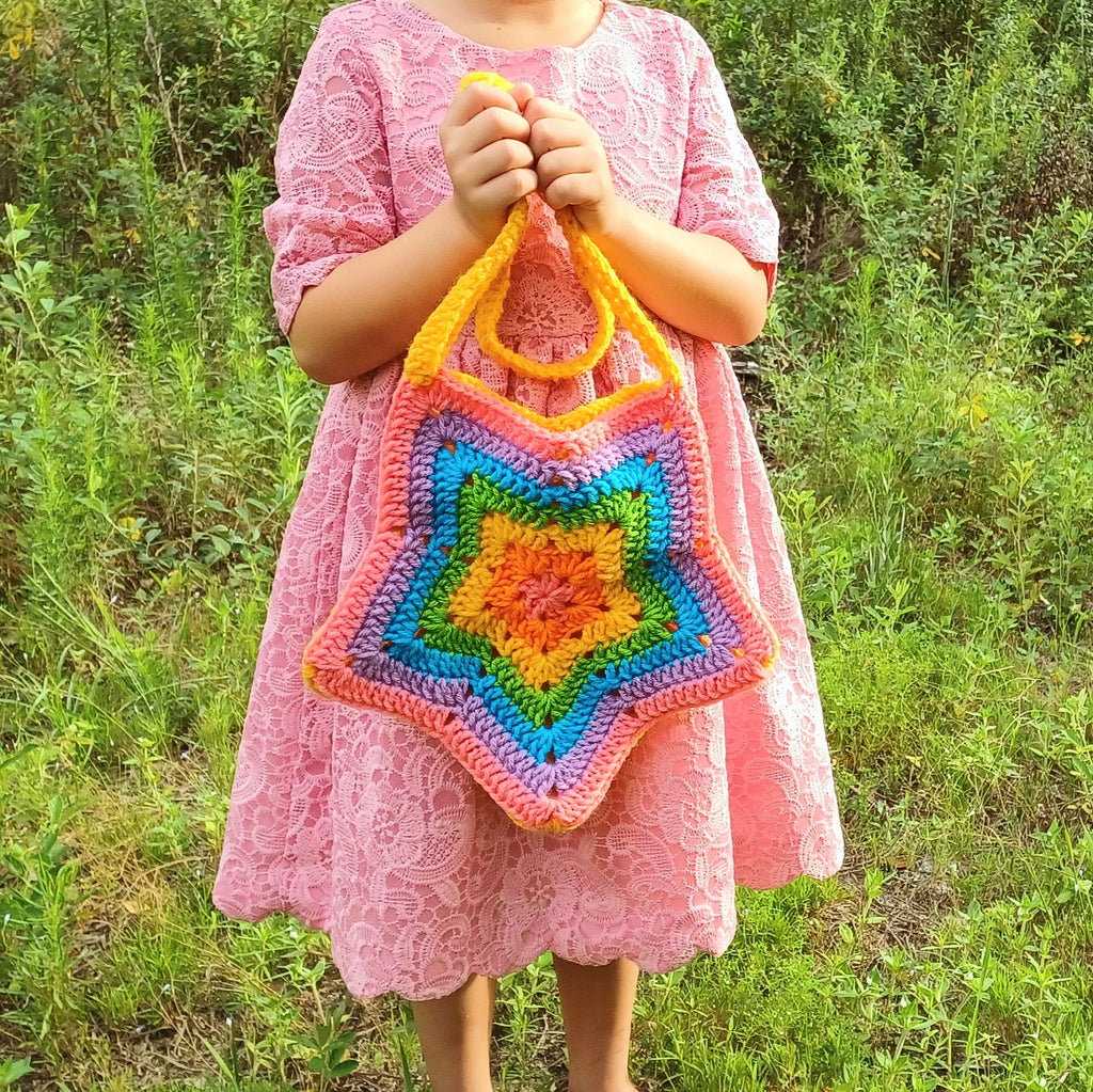 Rainbow Star Purse digital crochet pattern, instant download star cross body bag, easy skill level crochet star handbag instructions