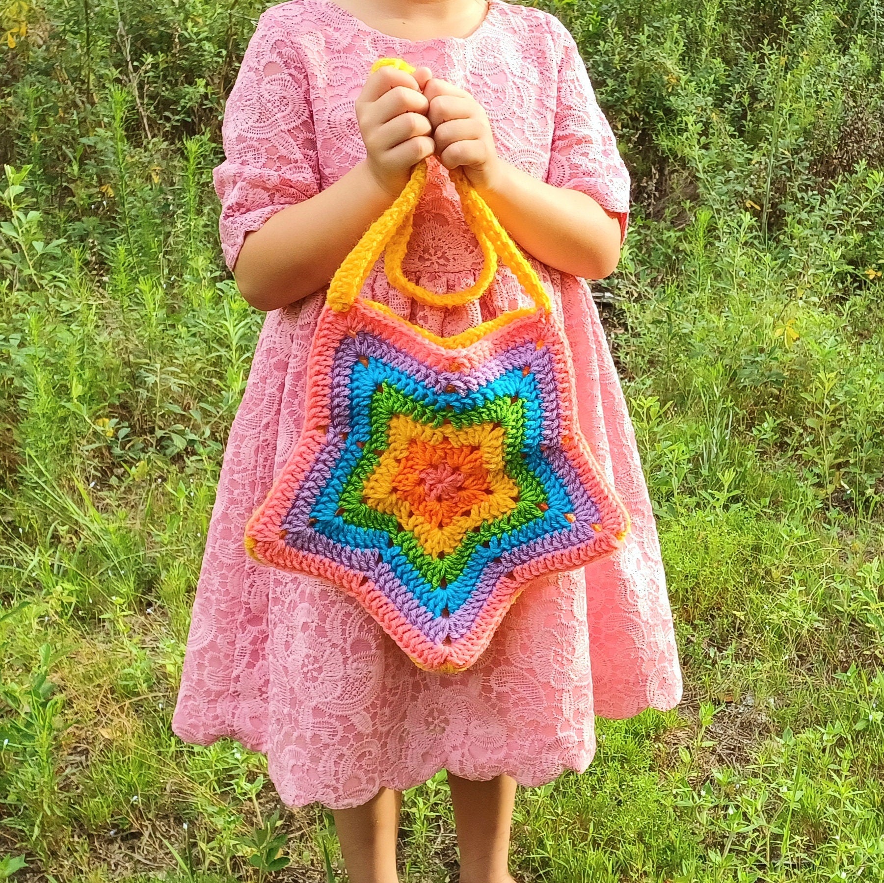 Rainbow Star Purse digital crochet pattern, instant download star cross body bag, easy skill level crochet star handbag instructions