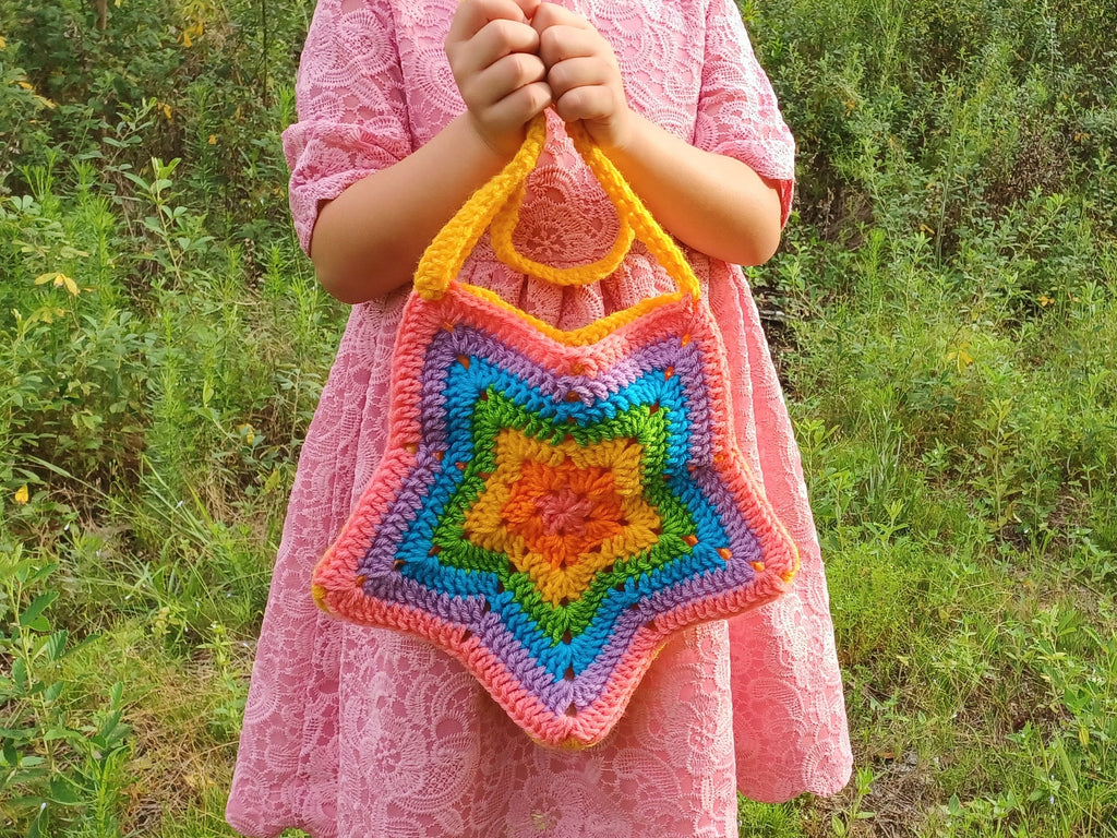 Rainbow Star Purse digital crochet pattern, instant download star cross body bag, easy skill level crochet star handbag instructions