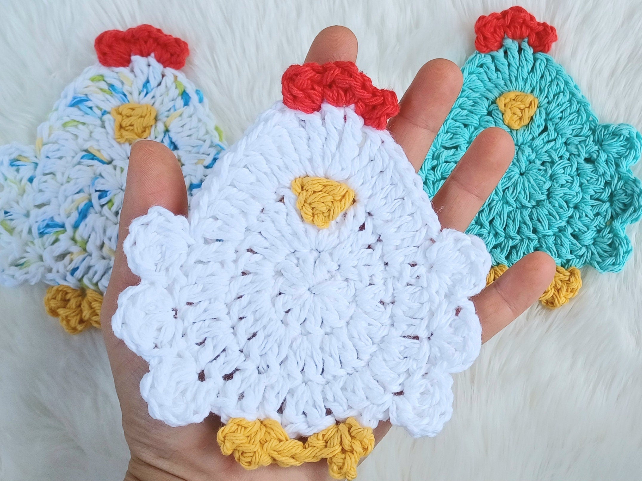 Henny Penny Coaster digital crochet pattern, instant download easy mug rug instructions, farm house kitchen and home decor chicken coasters