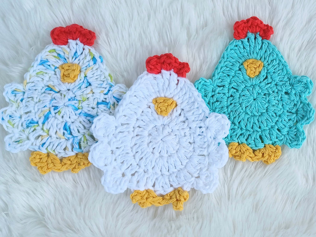 Henny Penny Coaster digital crochet pattern, instant download easy mug rug instructions, farm house kitchen and home decor chicken coasters