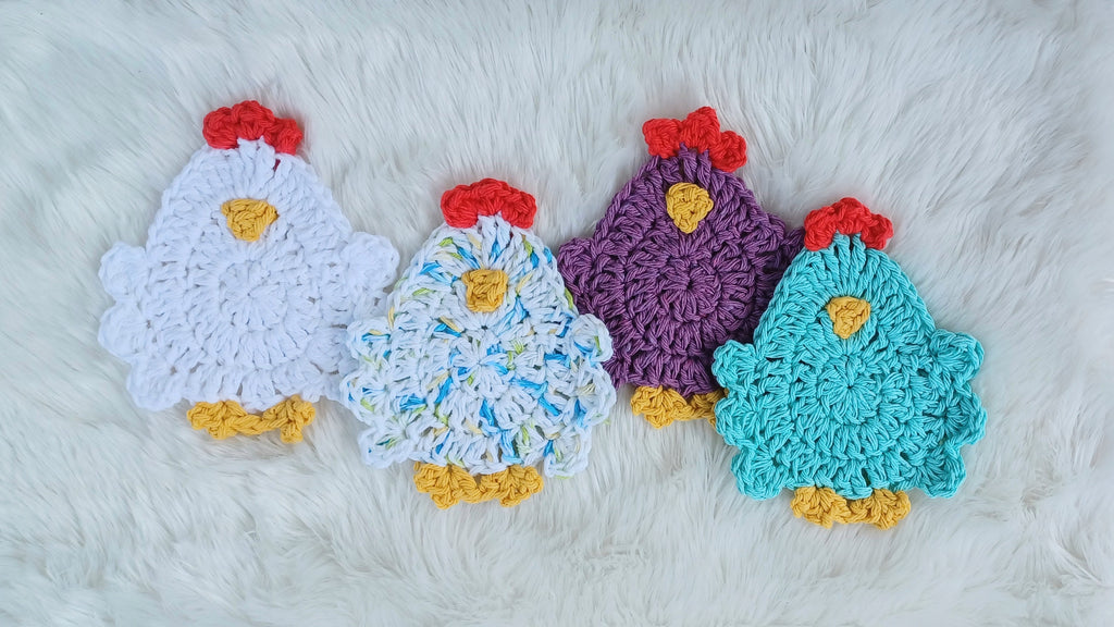 Henny Penny Coaster digital crochet pattern, instant download easy mug rug instructions, farm house kitchen and home decor chicken coasters