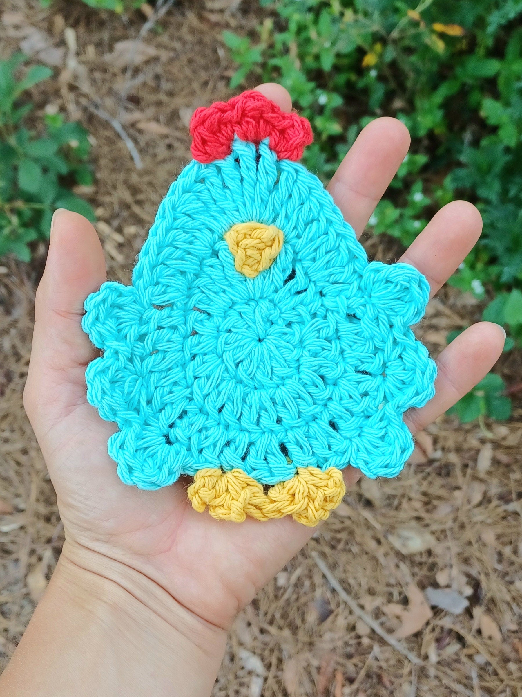 Henny Penny Coaster digital crochet pattern, instant download easy mug rug instructions, farm house kitchen and home decor chicken coasters