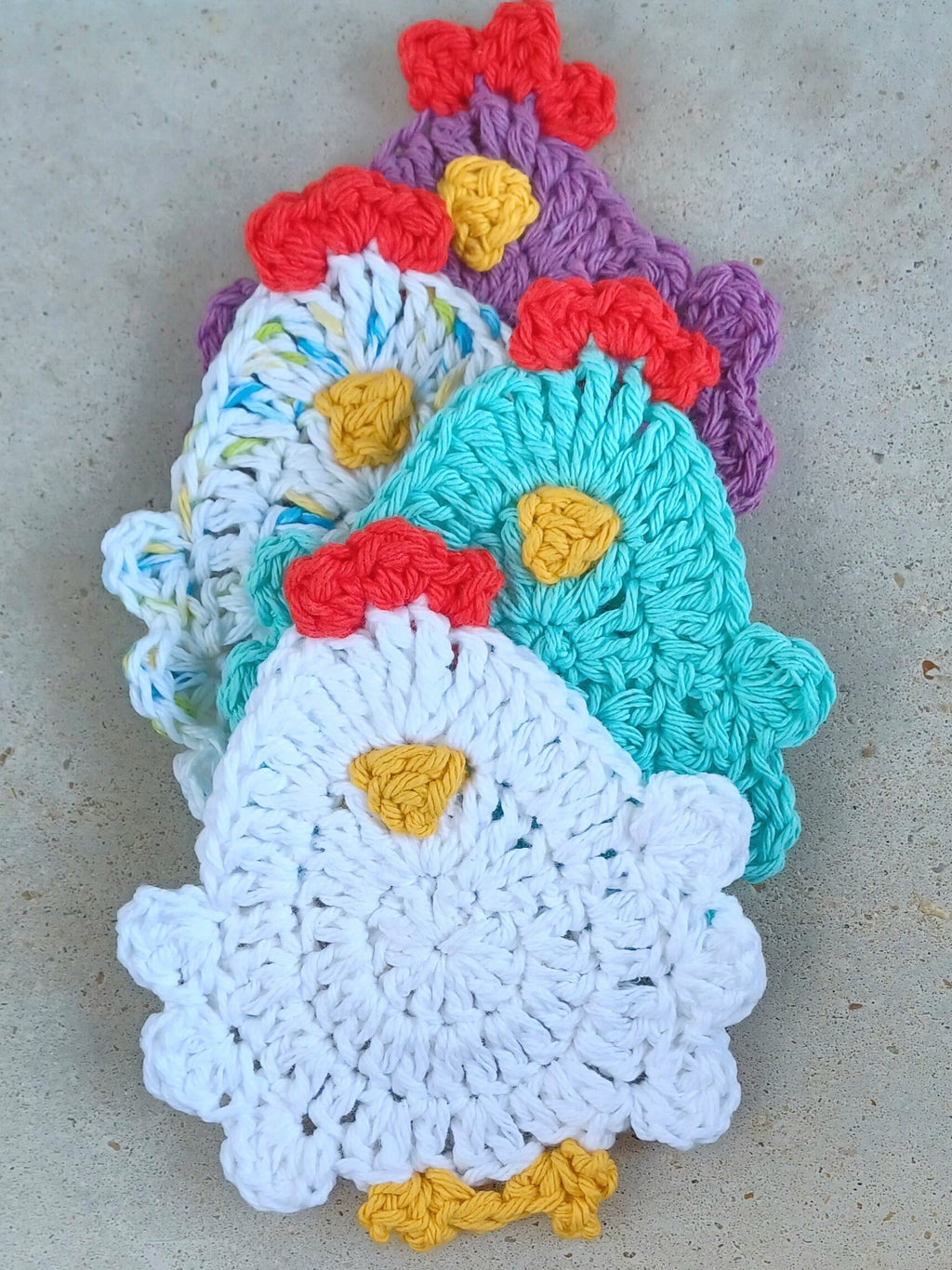 Henny Penny Coaster digital crochet pattern, instant download easy mug rug instructions, farm house kitchen and home decor chicken coasters