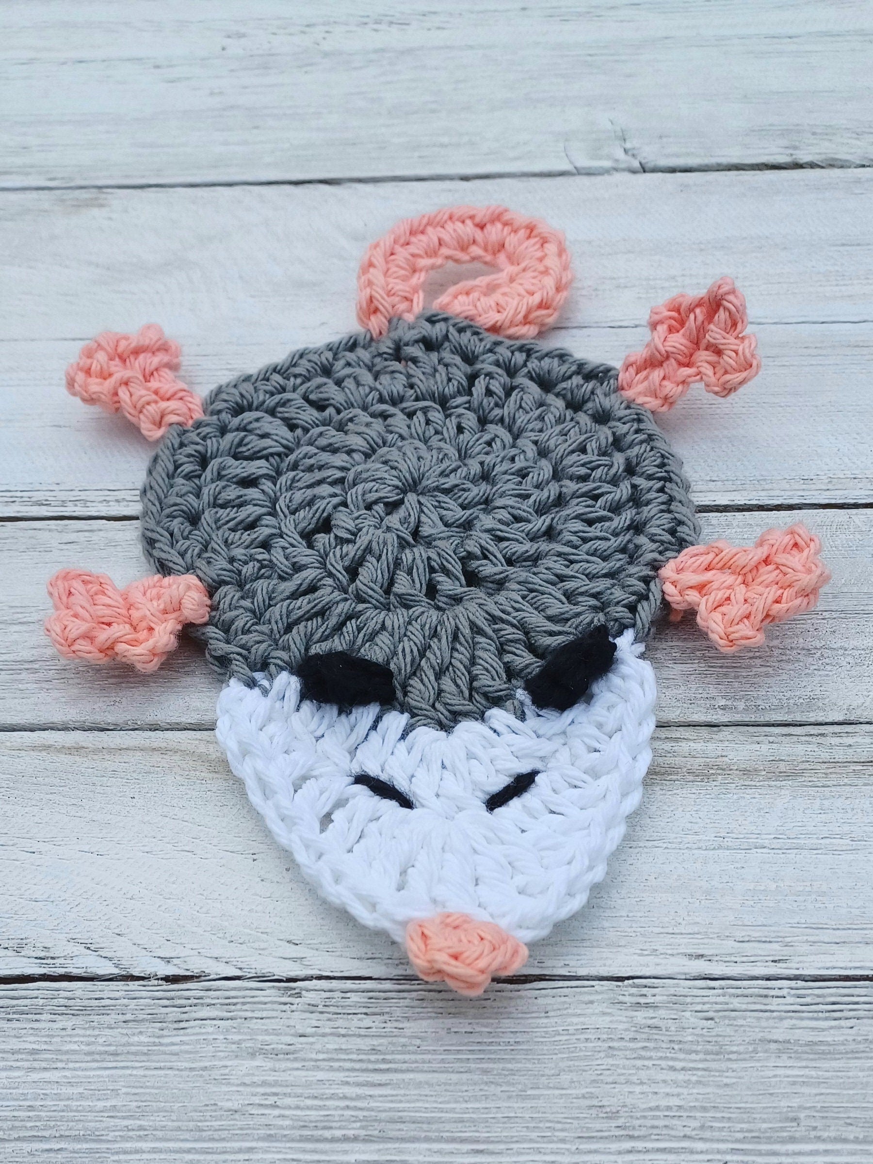 Possum Coaster digital crochet pattern, instant download crochet animal mug rug instructions, Opossum crochet applique