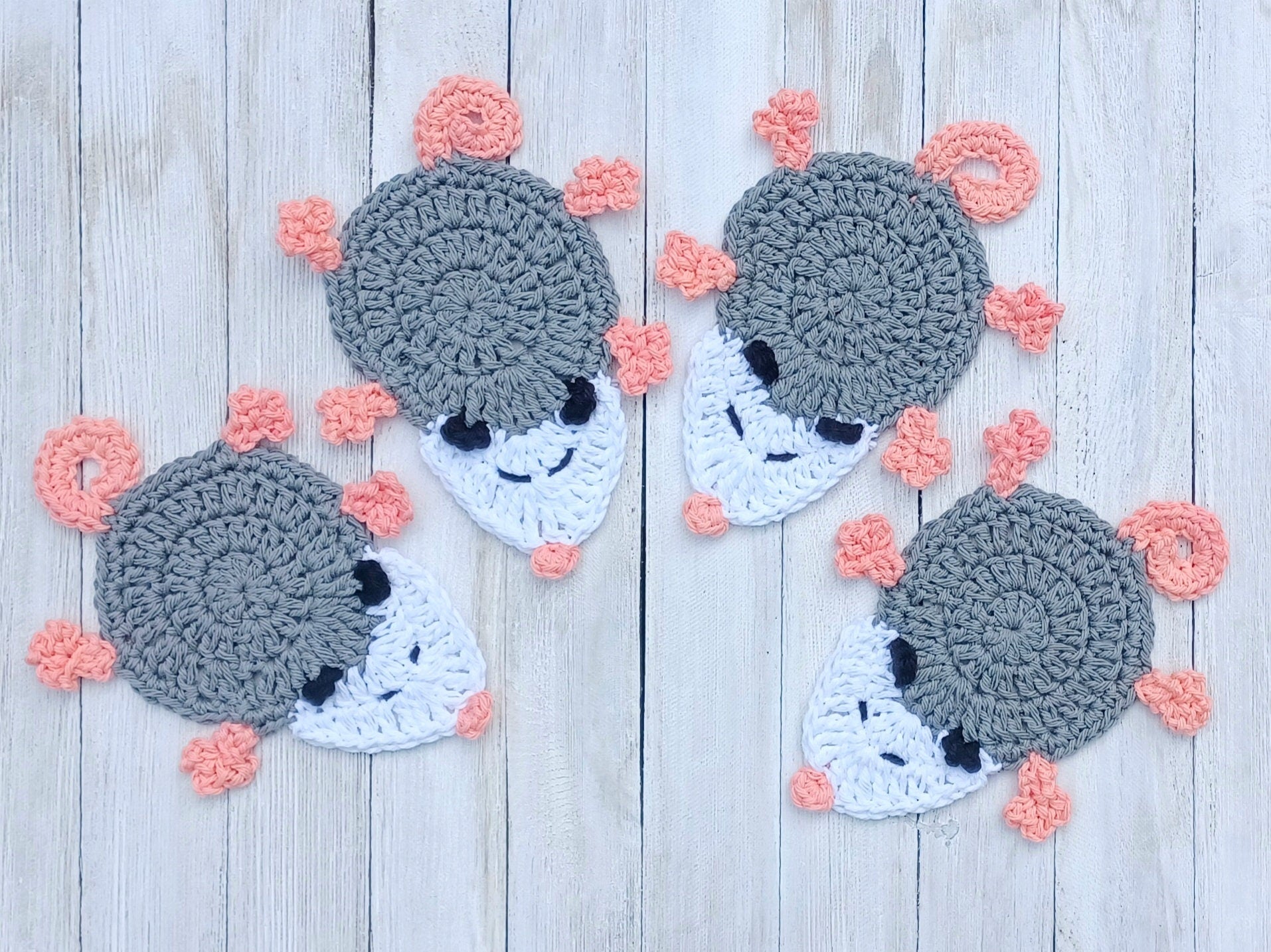 Possum Coaster digital crochet pattern, instant download crochet animal mug rug instructions, Opossum crochet applique