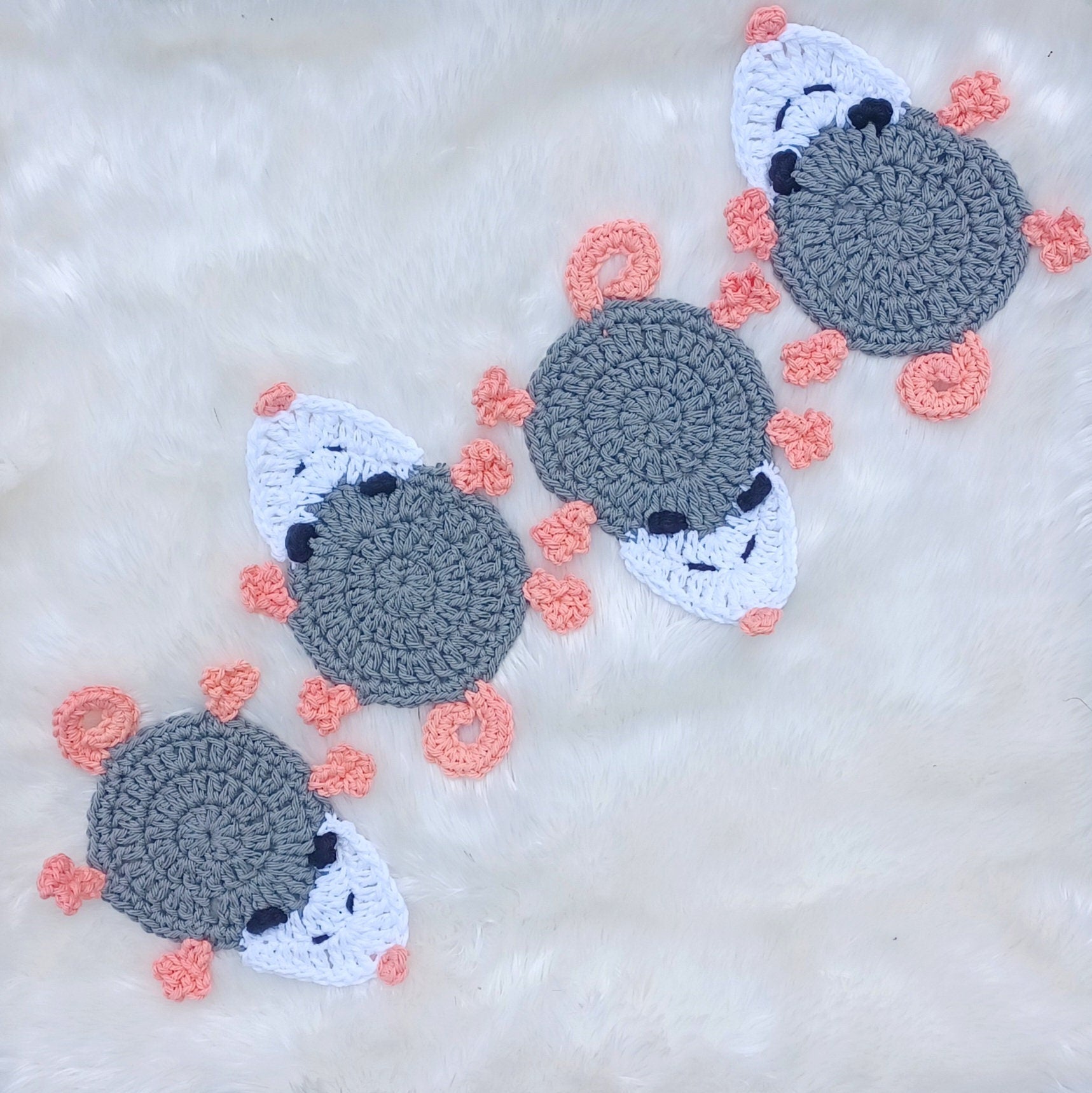 Possum Coaster digital crochet pattern, instant download crochet animal mug rug instructions, Opossum crochet applique