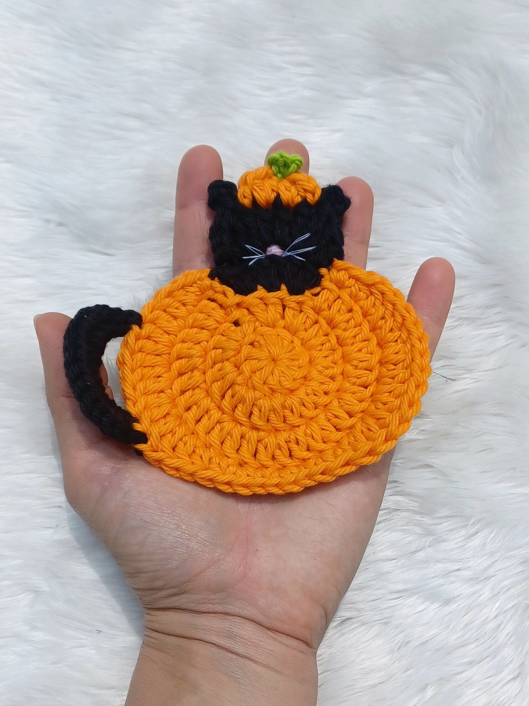 Boo Kitty Pumpkin Crochet Coaster Pattern, Halloween Mug Rug (PDF Pattern)