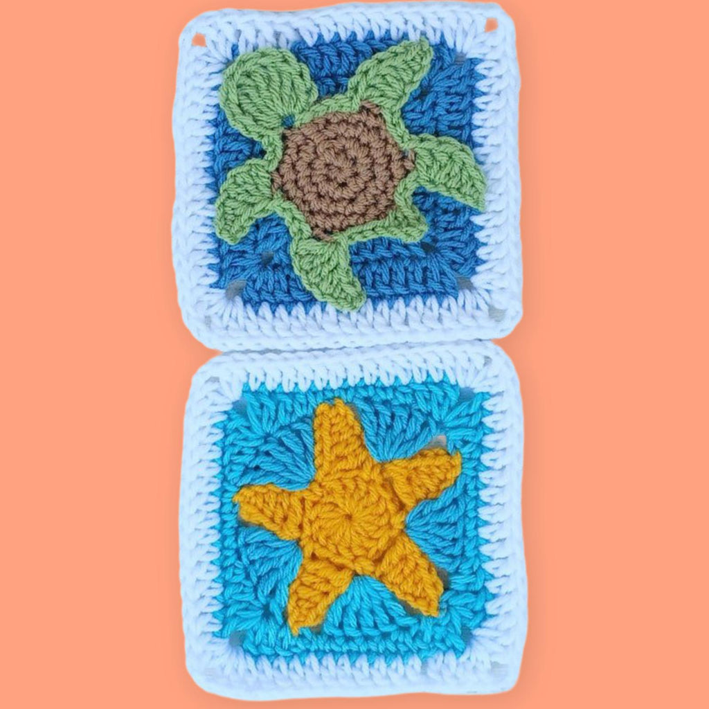 Crochet Turtle Granny Square, Ocean Theme Applique, Handmade Afghan Block