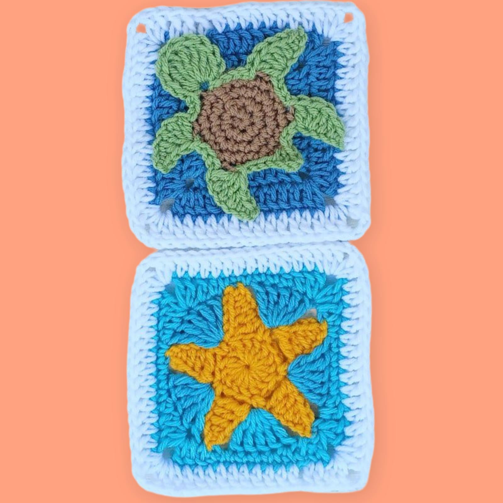Crochet Turtle Granny Square, Ocean Theme Applique, Handmade Afghan Block