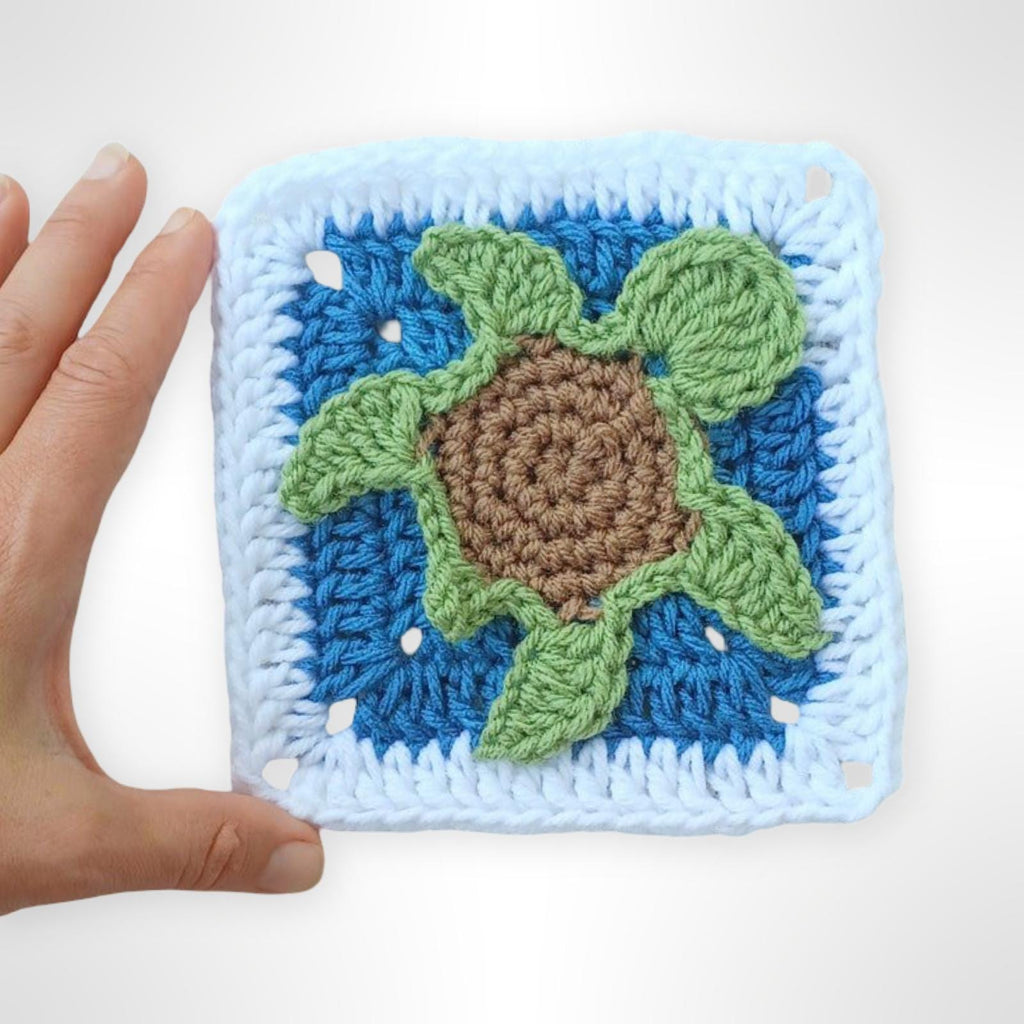 Crochet Turtle Granny Square, Ocean Theme Applique, Handmade Afghan Block