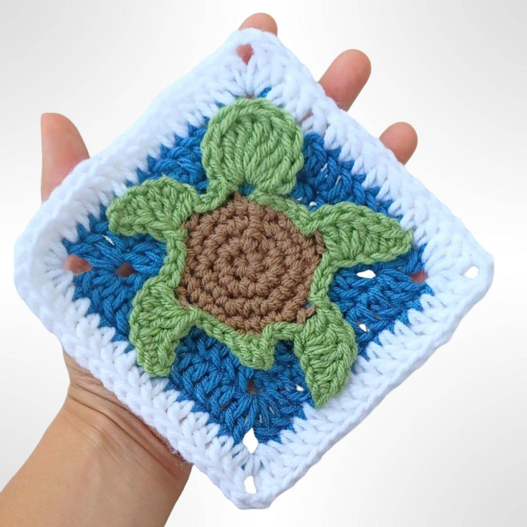 Crochet Turtle Granny Square, Ocean Theme Applique, Handmade Afghan Block