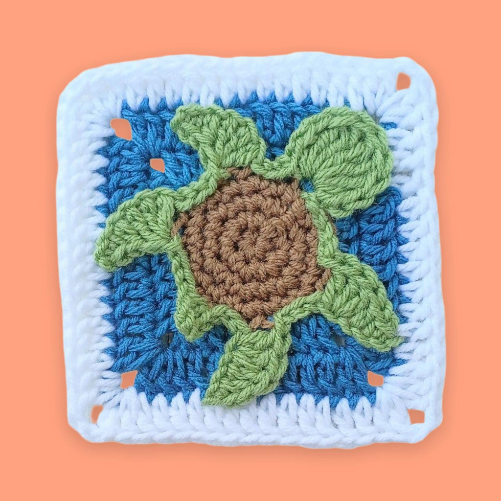 Crochet Turtle Granny Square, Ocean Theme Applique, Handmade Afghan Block