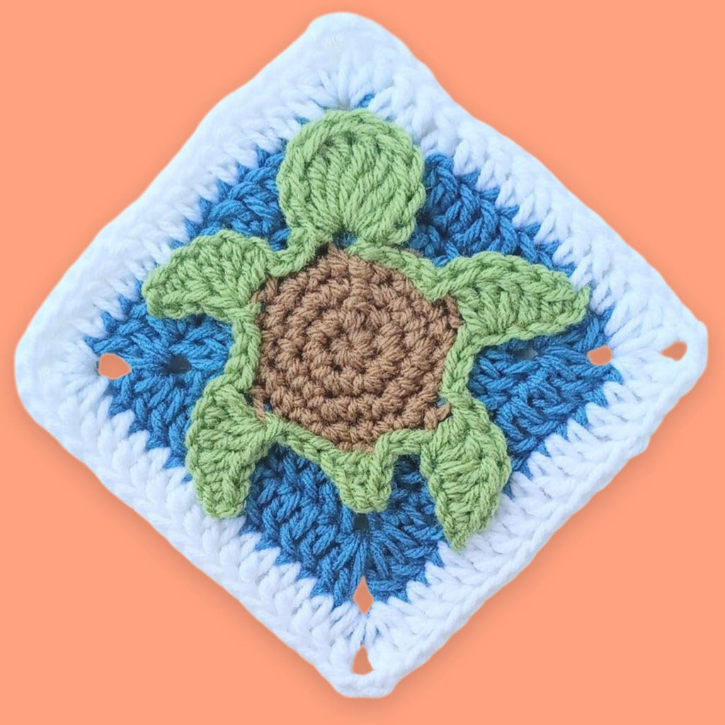 Crochet Turtle Granny Square, Ocean Theme Applique, Handmade Afghan Block